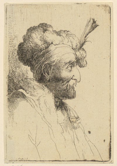 Retrato de busto de un hombre con gorro de piel y bigote, de perfil hacia la derecha de Christian Wilhelm Ernst Dietrich