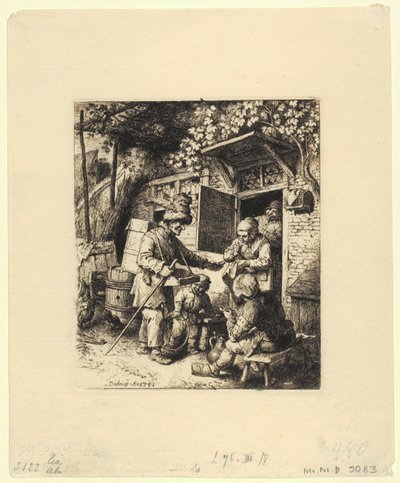 Figura de medio cuerpo de un hombre sentado con sombrero emplumado y gafas en la mano izquierda de Christian Wilhelm Ernst Dietrich
