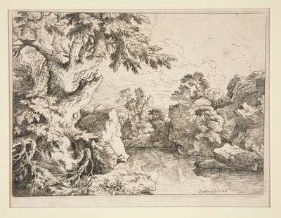 paisaje con estanque bordeado por rocas y árboles de Christian Wilhelm Ernst Dietrich