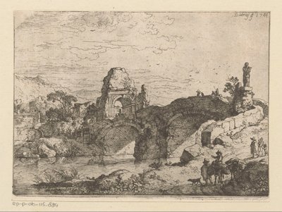 Paisaje con las ruinas de una puerta junto a un puente en ruinas de Christian Wilhelm Ernst Dietrich