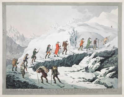 Horace Bénédict de Saussure y sus guías cruzando un glaciar Mes Blanc (grabado) de Christian von Mechel