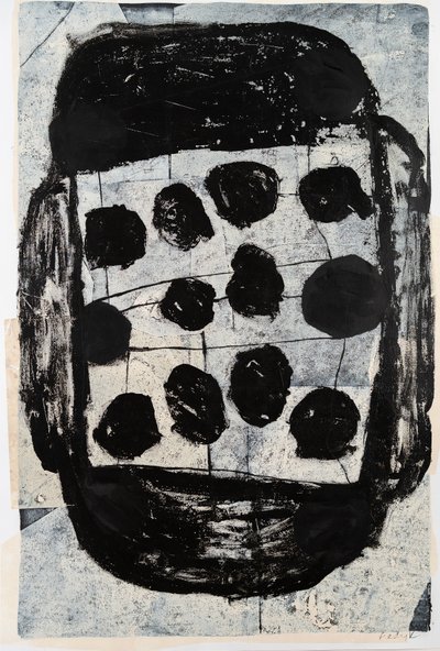 Particle Bounce, 2020 (monoimpresión, collage y pintura sobre papel) de Christina Fedyk
