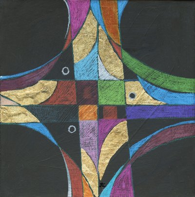 Sign Of The Cross, c. 2013 (acrílico y lápiz de color con pan de oro sobre panel) de Christina Saj
