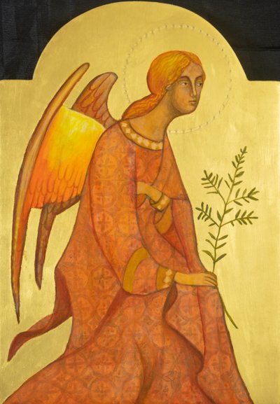 Arcángel Gabriel, 2019 (temple al huevo, pan de oro, madera) de Christine Hales