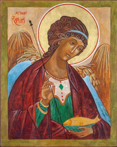 Icono del Arcángel Rafael, 2000 (temple al huevo, madera, pan de oro) de Christine Hales