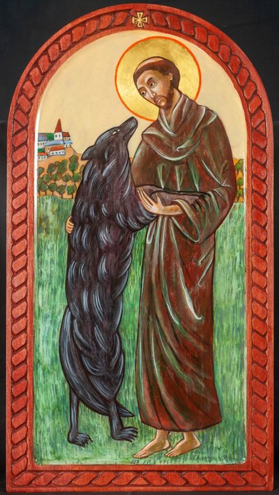 San Francisco y el lobo, 2004 (temple al huevo, madera, pan de oro) de Christine Hales