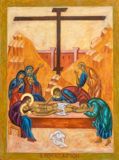 Icono de la Lamentación, 2022 (temple al huevo, pan de oro, madera) de Christine Hales