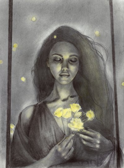 Mujer de ensueño y flores resplandecientes de Christine Lindstrom