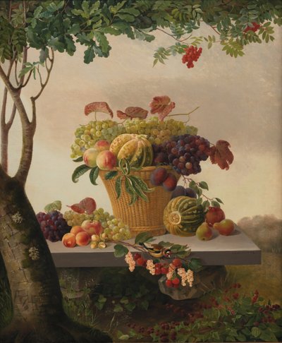 Una cesta de frutas en un paisaje de Christine Løvmand