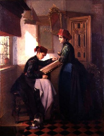 Chicas de Hindeloopen en un interior de Christoffel Bisschop