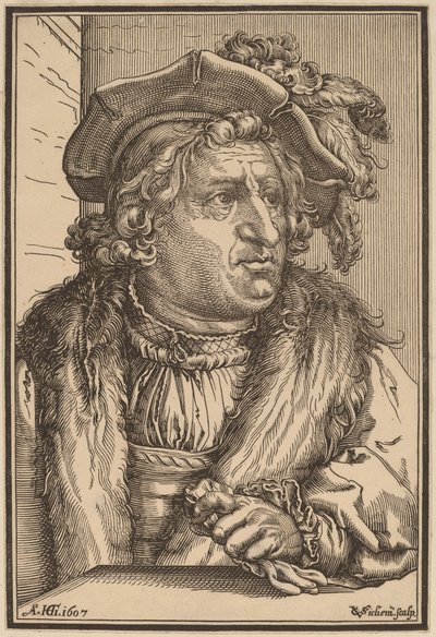 Hombre con gorra emplumada de Christoffel van Sichem I after Hendrik Goltzius