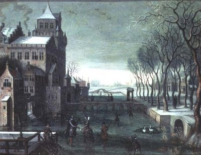 Un paisaje invernal con figuras patinando junto a un castillo con foso de Christoffel van den (circle of) Berghe