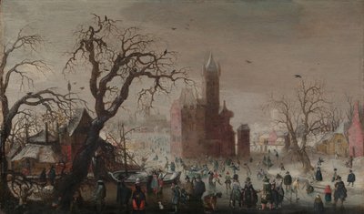 Un paisaje de invierno con patinadores sobre hielo y un castillo imaginario de Christoffel van den Berghe