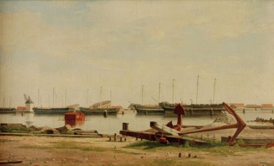 Vista de Nyholm con grúa y buques de guerra de Christoffer Wilhelm Eckersberg