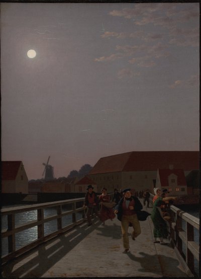 Langebro, Copenhague, a la luz de la luna con figuras corriendo de Christoffer Wilhelm Eckersberg