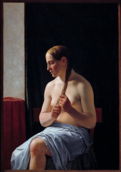 Modelo desnudo sentado. Retrato de una mujer trenzando su cabello de Christoffer Wilhelm Eckersberg
