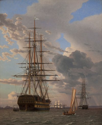 El barco ruso de línea "Asow" y una fragata anclada en las carreteras de Elsinore de Christoffer Wilhelm Eckersberg