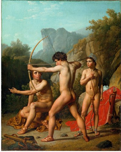 Tres chicos espartanos practican tiro con arco de Christoffer Wilhelm Eckersberg