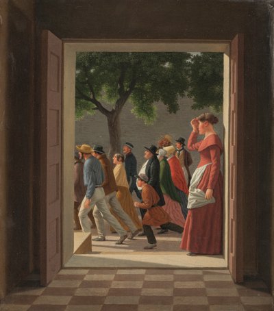Vista a través de una puerta a las figuras en movimiento de Christoffer Wilhelm Eckersberg