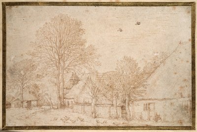 Edificios con techo de paja, árboles casi desnudos y una bandada de gansos de Kosma Sergejewitsch Petrow Wodkin