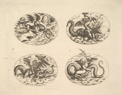 Putti con monstruos marinos, placas del Neue Grotessken Buch de Christoph Jamnitzer