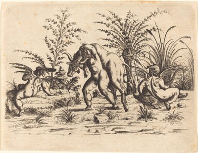 Tres putti con un toro muerto de Christoph Jamnitzer