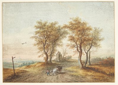 Paisaje con árboles alrededor de un camino rural y una capilla de Christoph Ludwig Agricola
