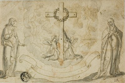 La Virgen María y San Juan Evangelista contemplan una visión de la Cruz sostenida por dos ángeles de Christoph Schwarz