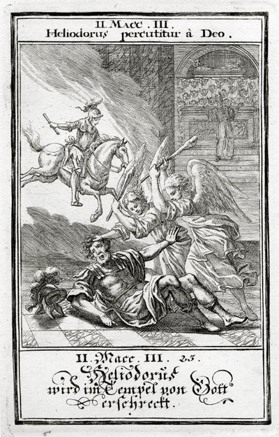 Dios asusta a Heliodoro en un templo, 2 Macabeos (3:21-28), 1695 de Christoph Weigel