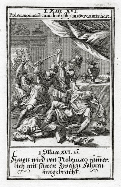Simón y sus dos hijos son asesinados por Ptolomeo. 1 Macabeos 14:16, 1695 de Christoph Weigel