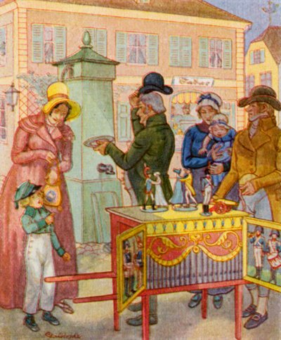 Leierkasten Mit Tanzpuppen / Barrel Organ with Dancing Puppets (litografía en color) de Christophe (1856 1945)
