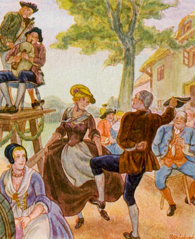 Tanz Unter Der Dorflinde / Danza bajo el tilo del pueblo (litografía en color) de Christophe (1856 1945)