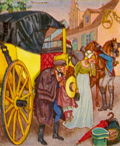 Abreise In Der Kalesche / Salida en carruaje (litografía en color) de Christophe (1856 1945)