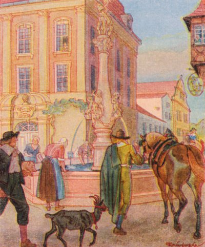 Brunnen Und Tranke / Fuente y abrevadero (litografía en color) de Christophe (1856 1945)