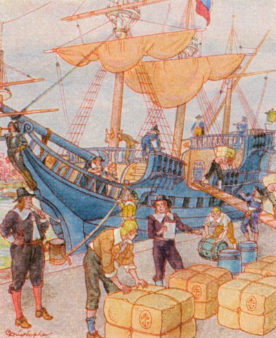 Hafen Mit Tabakballen / Puerto con fardos de tabaco (litografía en color) de Christophe (1856 1945)