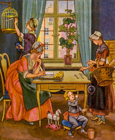 Haushaltsabrechnung / Contabilidad doméstica (litografía en color) de Christophe (1856 1945)