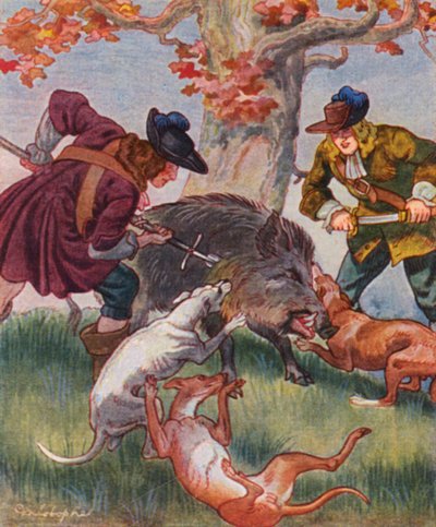 Sauhatz / Caza del cerdo (litografía en color) de Christophe (1856 1945)
