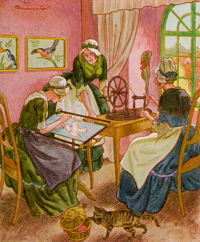 Stickerin Und Spinnerin / Bordadora e Hilandera (litografía en color) de Christophe (1856 1945)