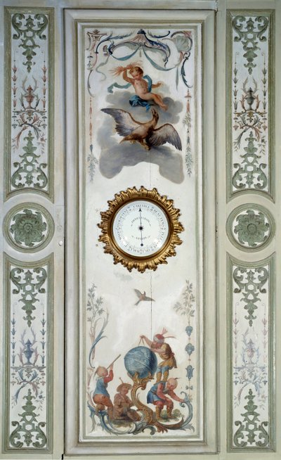 Panel del gran salón del Chateau de Champs sur Marne con barómetro y chinoiserie de Christophe Huet
