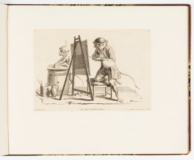 Placa 11, Le Maître Peintre (El Maestro Pintor), Singeries ou différentes actions de la vie humaine représentées par des singes (Travesuras de Monos o Diferentes Acciones de la Vida Humana Representadas por Monos) de Christophe Huet