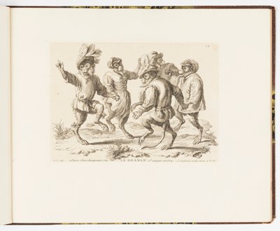 Placa 12, Le Branle (El Branle), Singeries ou différentes actions de la vie humaine représentées par des singes (Payasadas de monos o diferentes acciones de la vida humana representadas por monos) de Christophe Huet