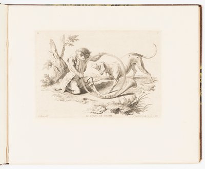 Placa 2, Le Corps de Chasse (El Cuerno de Caza), Singeries ou différentes actions de la vie humaine représentées par des singes (Payasadas de Monos o Diferentes Acciones de la Vida Humana Representadas por Monos) de Christophe Huet