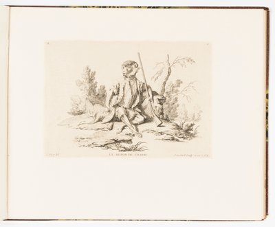 Placa 6, Le Repos de Chasse (El descanso de la caza), Singeries ou différentes actions de la vie humaine représentées par des singes (Payasadas o diferentes acciones de la vida humana representadas por monos) de Christophe Huet