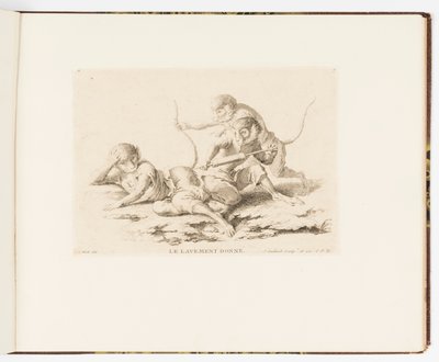 Placa 7, Le Lavement Donné (El enema dado), Singeries ou différentes actions de la vie humaine représentées par des singes (Payasadas o diferentes acciones de la vida humana representadas por monos) de Christophe Huet