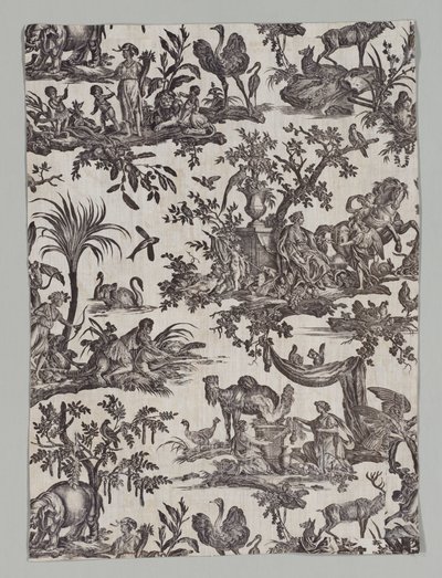 Fragmento de algodón impreso con plancha de cobre con diseño Les quatres parties du monde, 1788 de Christophe Philippe Oberkampf