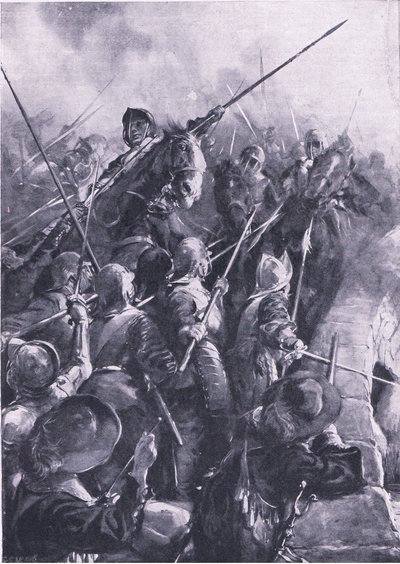 Batalla de Preston 17 de agosto de 1648: A punta de pica fueron expulsados del puente, ilustración de 