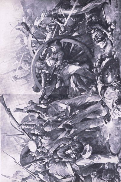 La batalla de Meanee, 17 de febrero de 1843: La lucha en los cañones, ilustración de British Battles on Land and Sea, 1915 de Christopher Clark