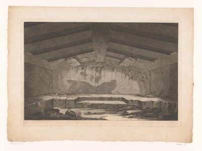 Cámara funeraria etrusca en Tarquinia con un mural con una procesión en la pared trasera de Christopher Norton