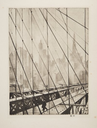 Mirando a través del puente de Brooklyn, pub.1921 (aguafuerte) de Christopher Richard Wynne Nevinson