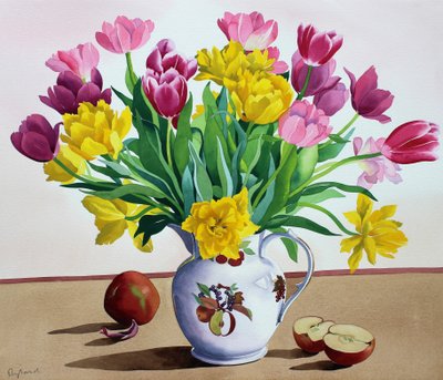 Tulipanes en jarra con manzanas de Christopher Ryland